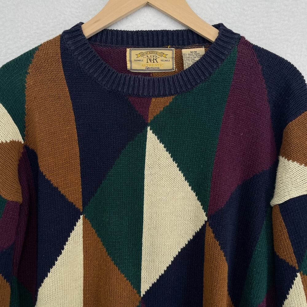 NEW RIVER CO Sweater Mens M Jumper Abstract Colorblock Pullover Blue Green VTG - Picture 4 of 11